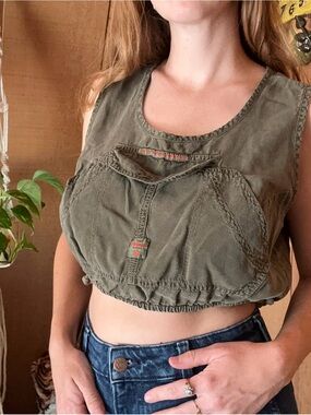 Vintage 90s Olive Green Utility Vest Cropped Cargo Made in USA